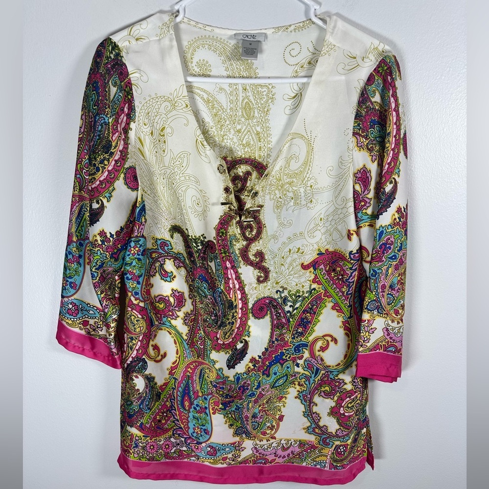 Cache Multicolor Paisley V-Neck Blouse chain button Size Medium
